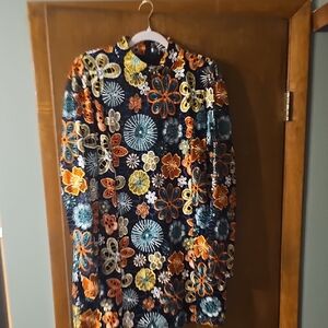 Floral Embroidered Navy Long Sleeve Dress